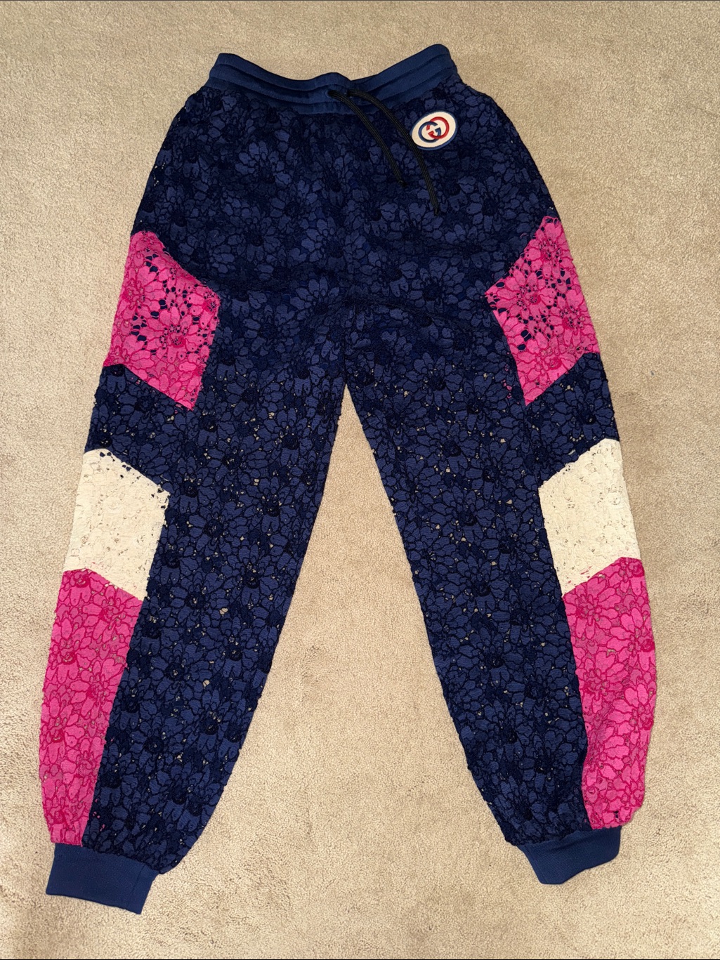 Gucci Navy Blue Pink And Cream Lace Jogger Pants